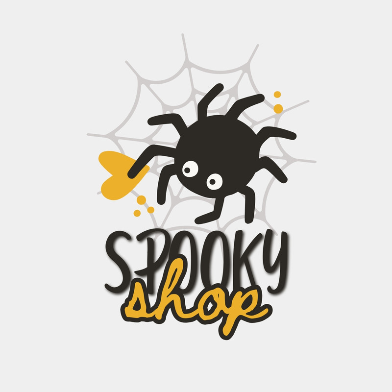 Cute Spider Spooky Shop Halloween Logo Canva template, black and yellow
