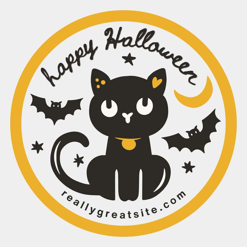 Cute Cat Happy Halloween Circle Sticker Canva template, black and yellow