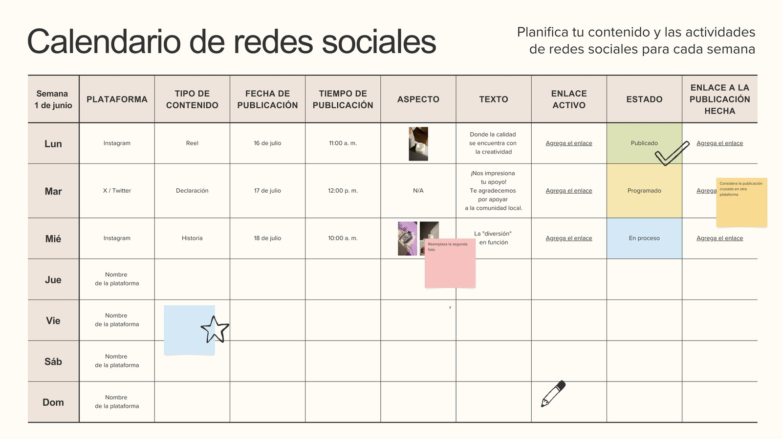 Pizarrón del calendario de redes sociales