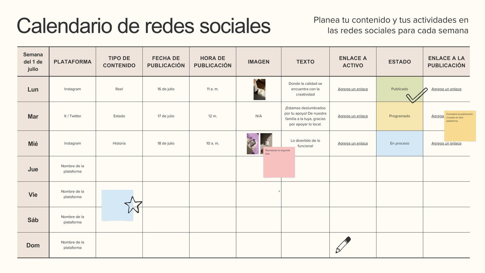 Tablero de calendario de redes sociales