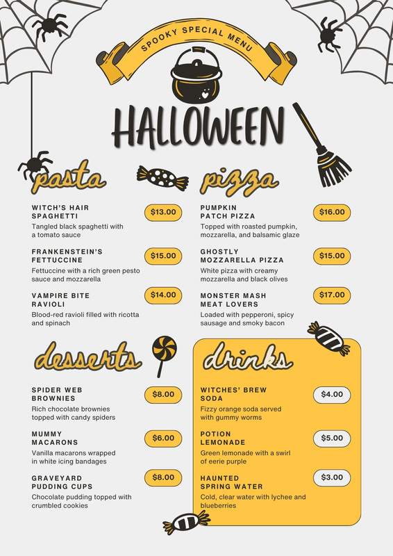 Cute Illustrative Halloween Dinner Spooky Menu Canva template, black and yellow