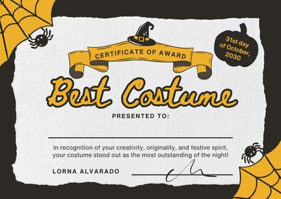 Cute Playful Halloween Costume Award Certificate Canva template, black and yellow