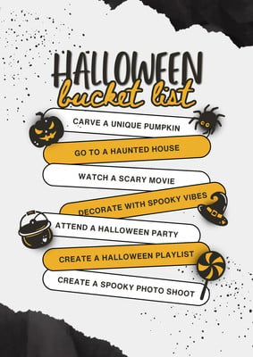 Cute Halloween Bucket List Planner Document Canva template, yellow and black