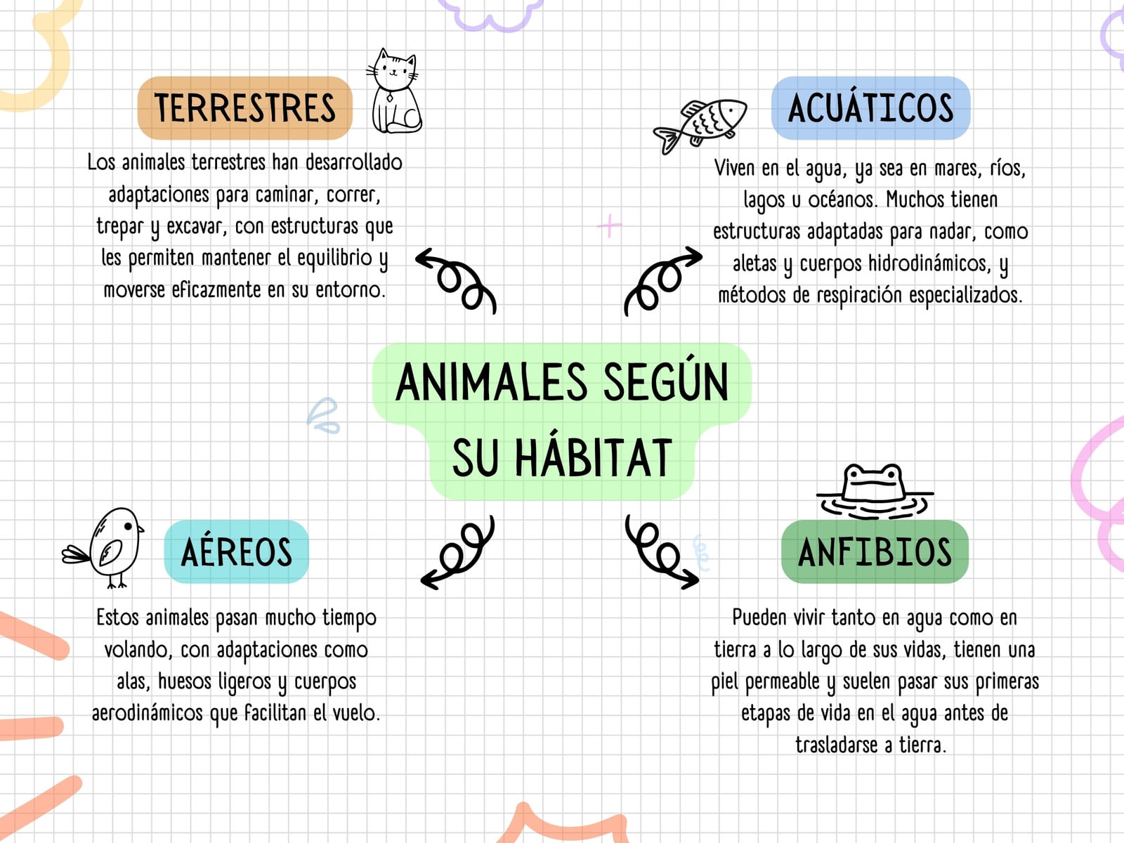 Mapa Conceptual sobre los Animales según su Hábitat estilo doodle colorido