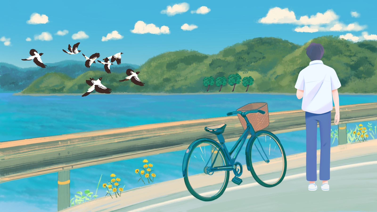 Fondo de Pantalla Ordenador Anime Ilustrado Bonito Colores Pastel