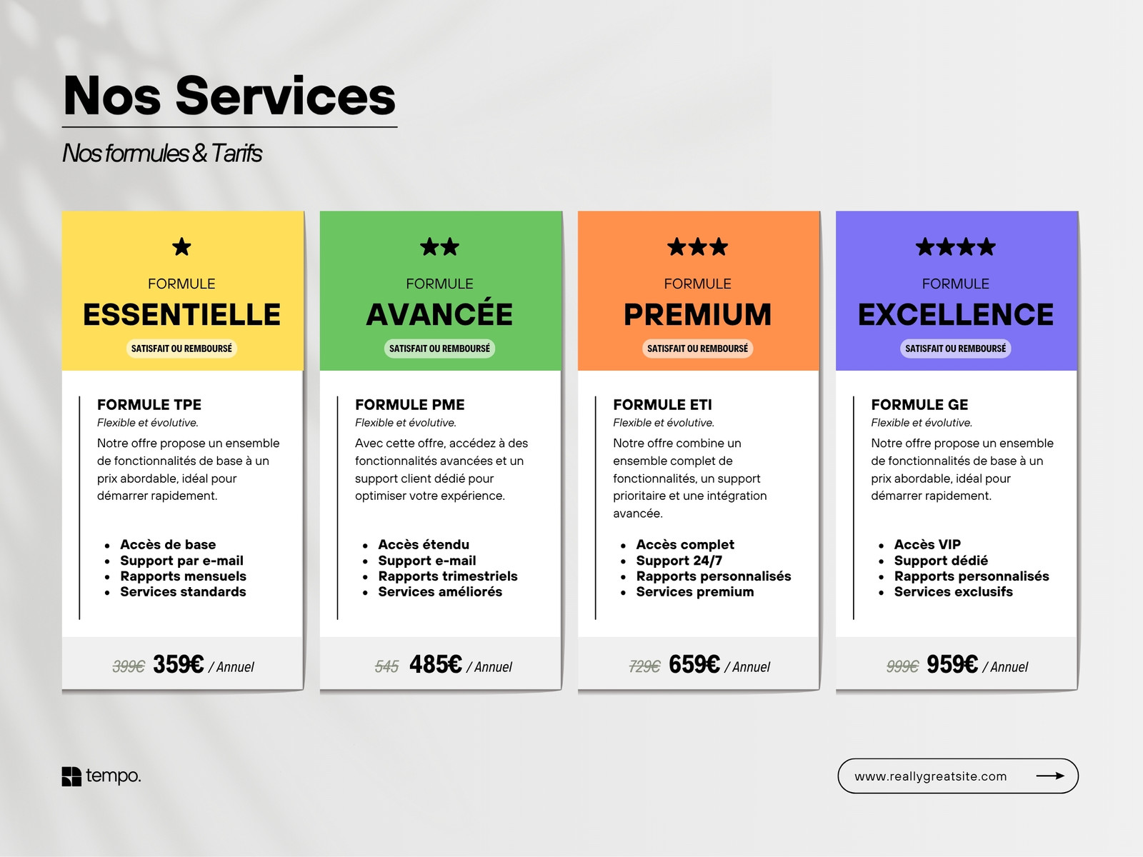 Graphique Comparatif Services Formules et Tarifs Professionnel Noir Blanc Coloré