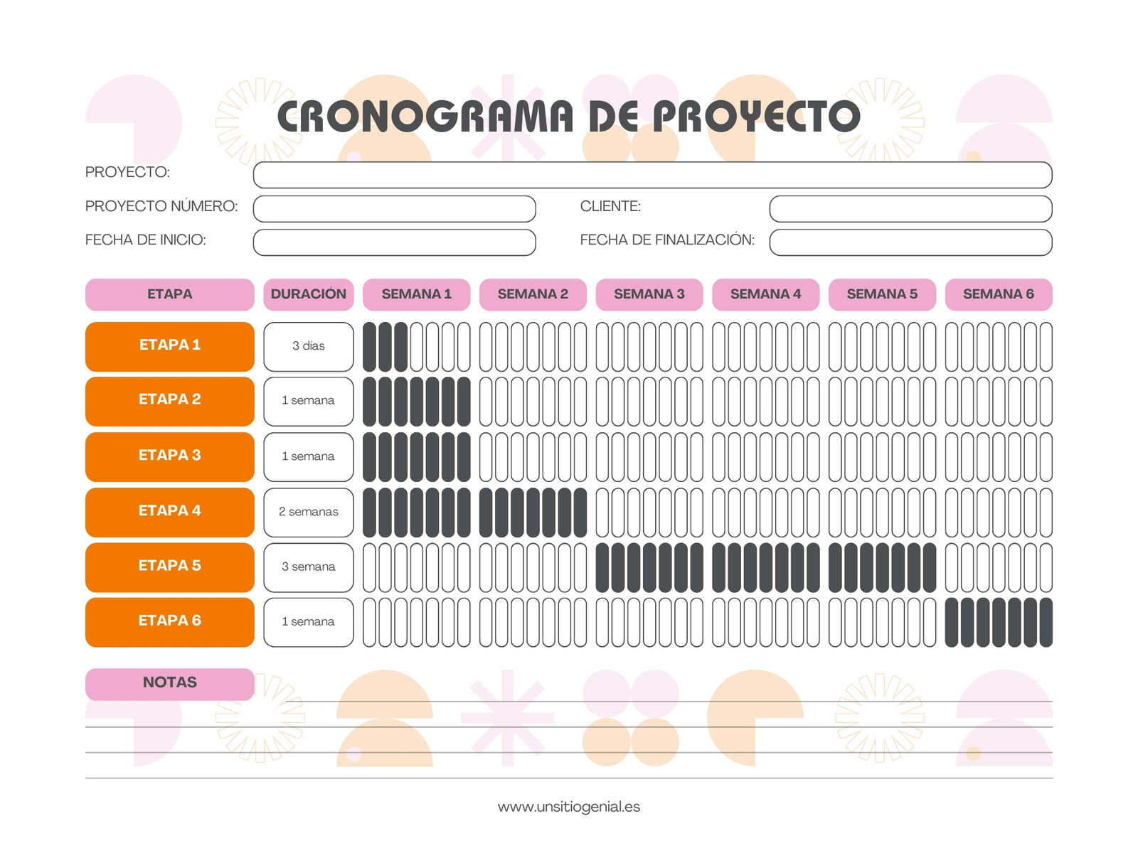 Gráfico Cronograma Gestión de Proyecto Geométrico Moderno Rosa y Naranja