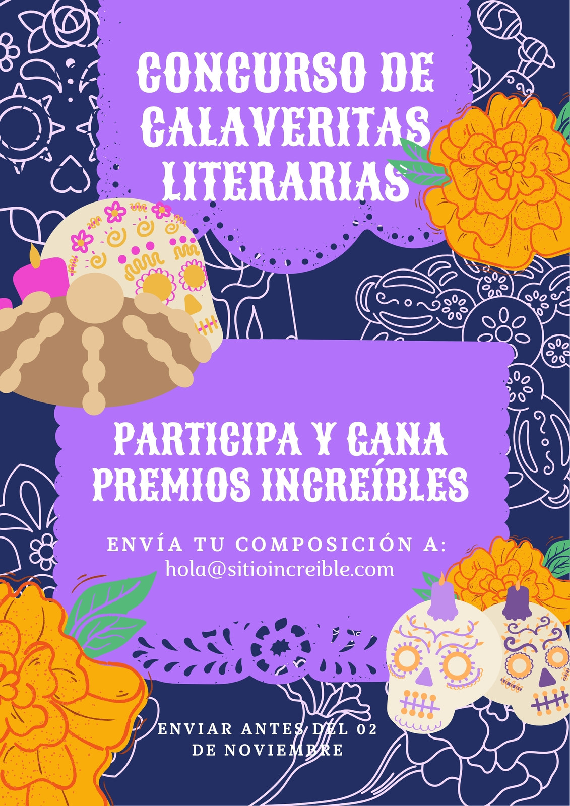 Cartel de Día de Muertos - Concurso de calaveritas, ilustrado, morado y naranja