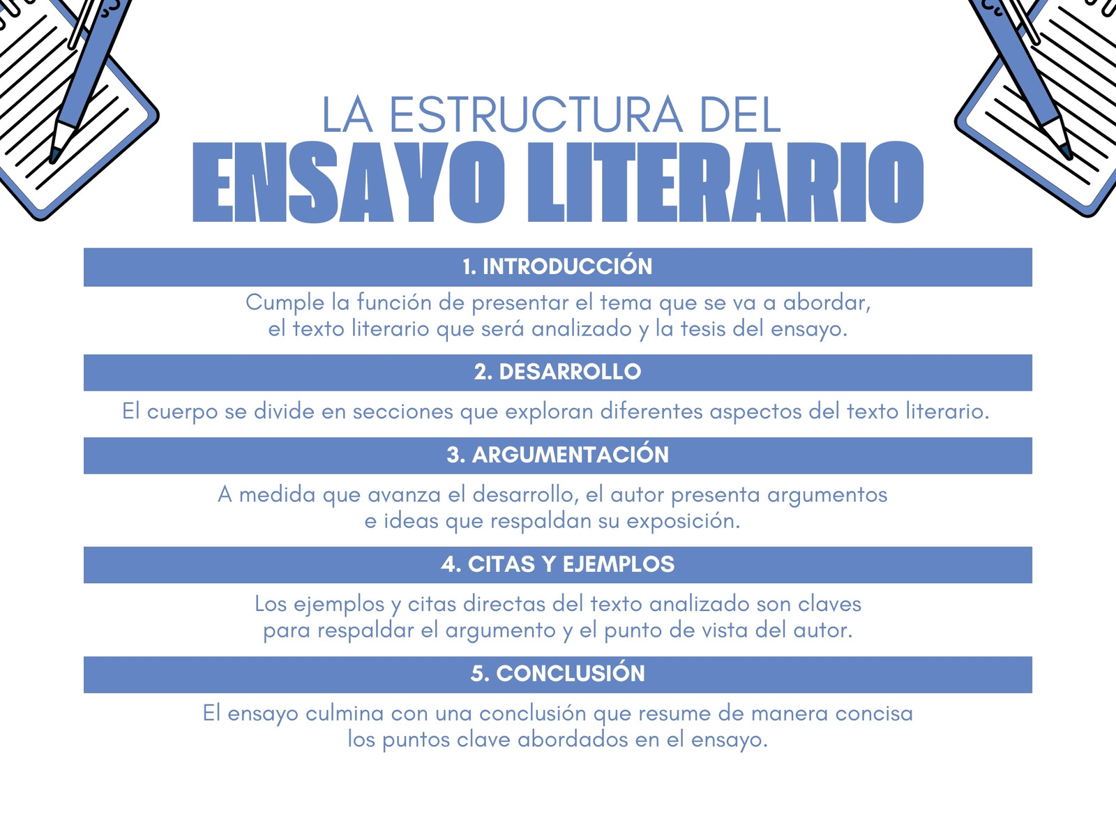 Gráfica de la estructura del ensayo literario ilustrativo azul y blanco