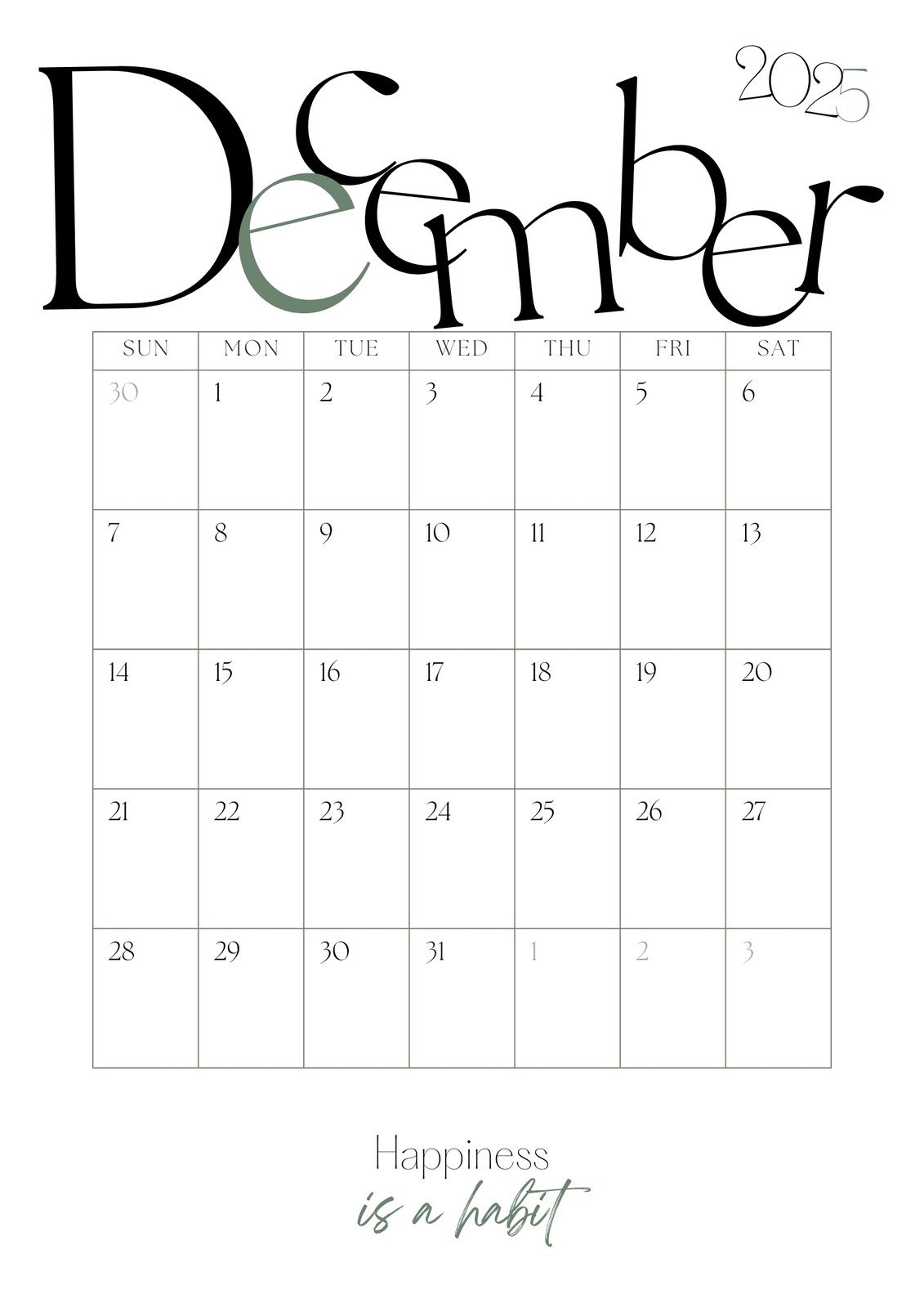Simple Elegant December 2025 Calendar Monthly Planner