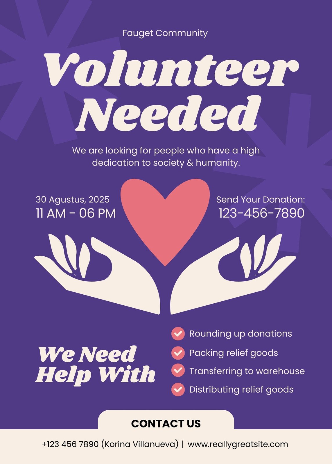 Purple and Pink Illustrative Volunteer Needed Poster