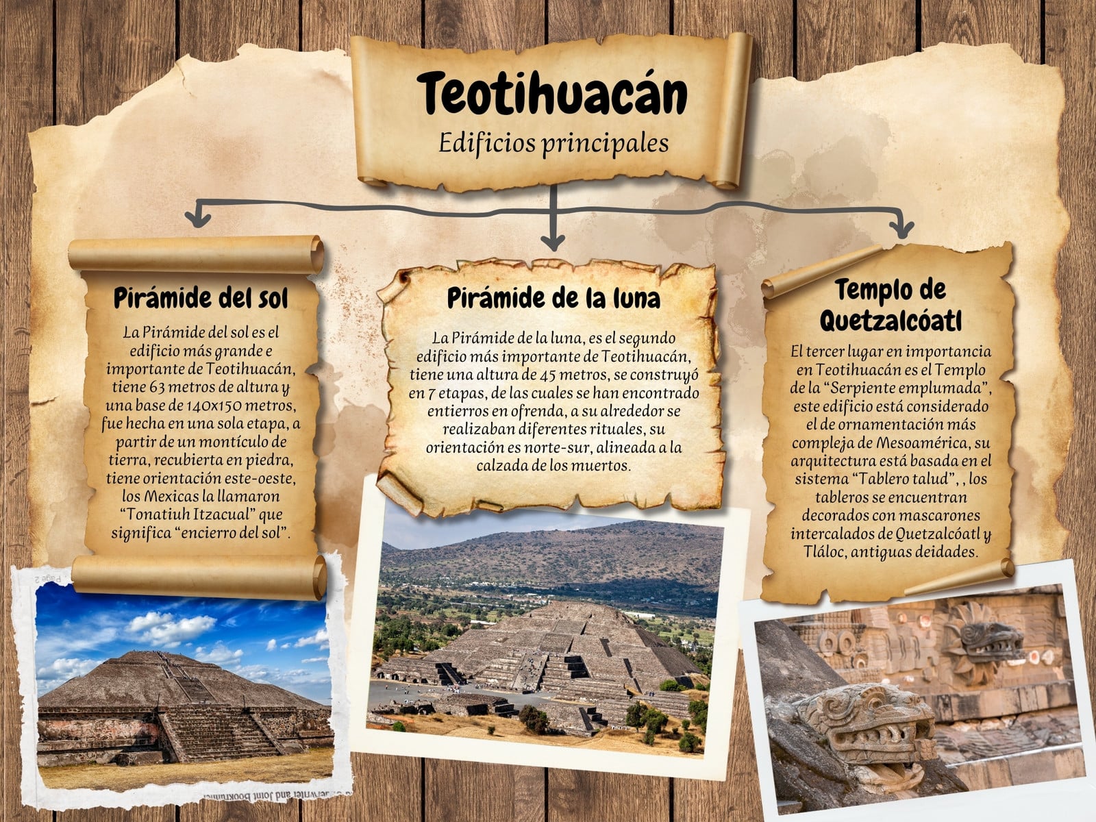 Gráfica mapa conceptual ilustrado Teotihuacán arquitectura prehispánica vintage pergamino y madera