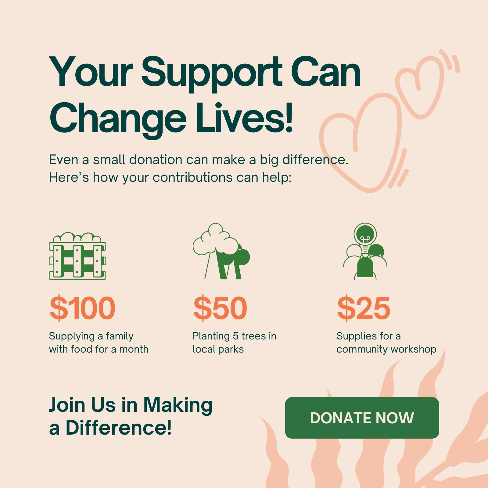 Beige and Green Illustrative Non Profit Donation Appeal Instagram Post