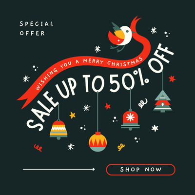 Playful Cute Illustrative Christmas Sale Instagram Post Canva template, black and red