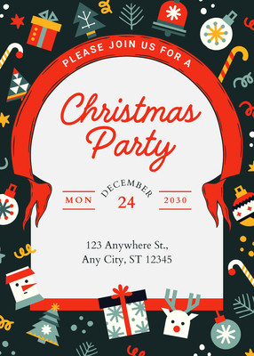 Playful Festive Illustrated Christmas Party Invitation Canva template, black and red