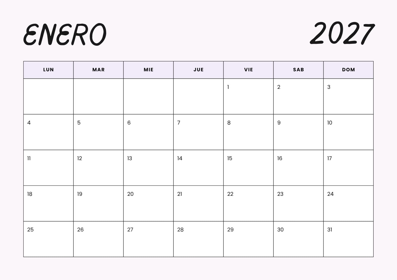 Documento A4 Calendario Enero 2027 Almanaque Imprimir Minimalista Lila