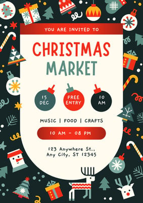 Modern Illustrative Christmas Market Flyer Canva template, black and red