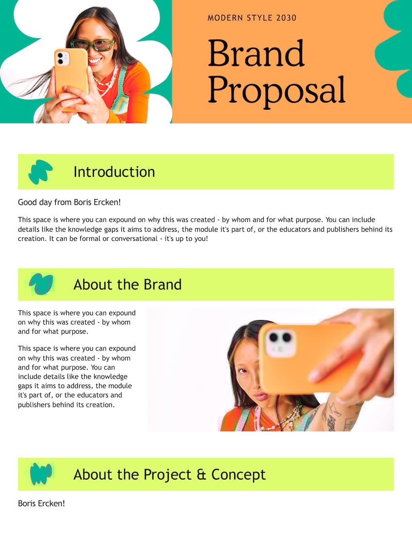 Brand Management Proposal Doc in Orange Neon Yellow Bright Green Dynamic Professional Style