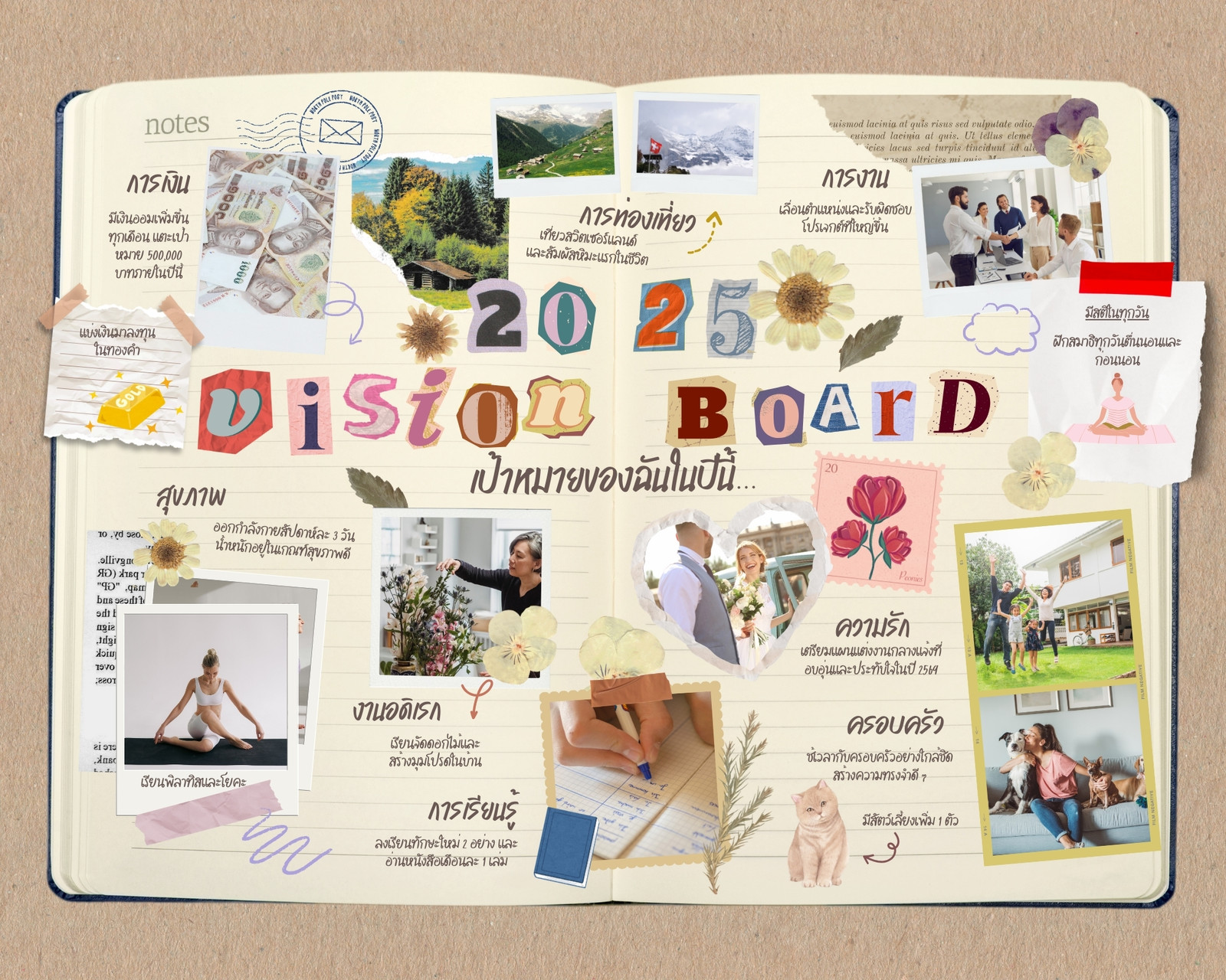 สีเบจ คอลลาจ เป้าหมาย vision board คอลลาจภาพถ่าย