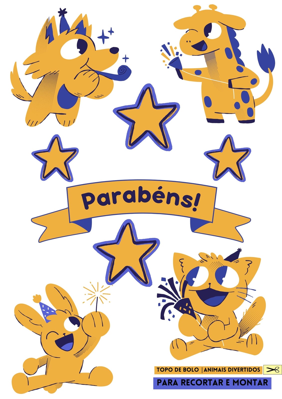 Documento a4 topo de bolo aniversário animais cartoon divertido azul e amarelo