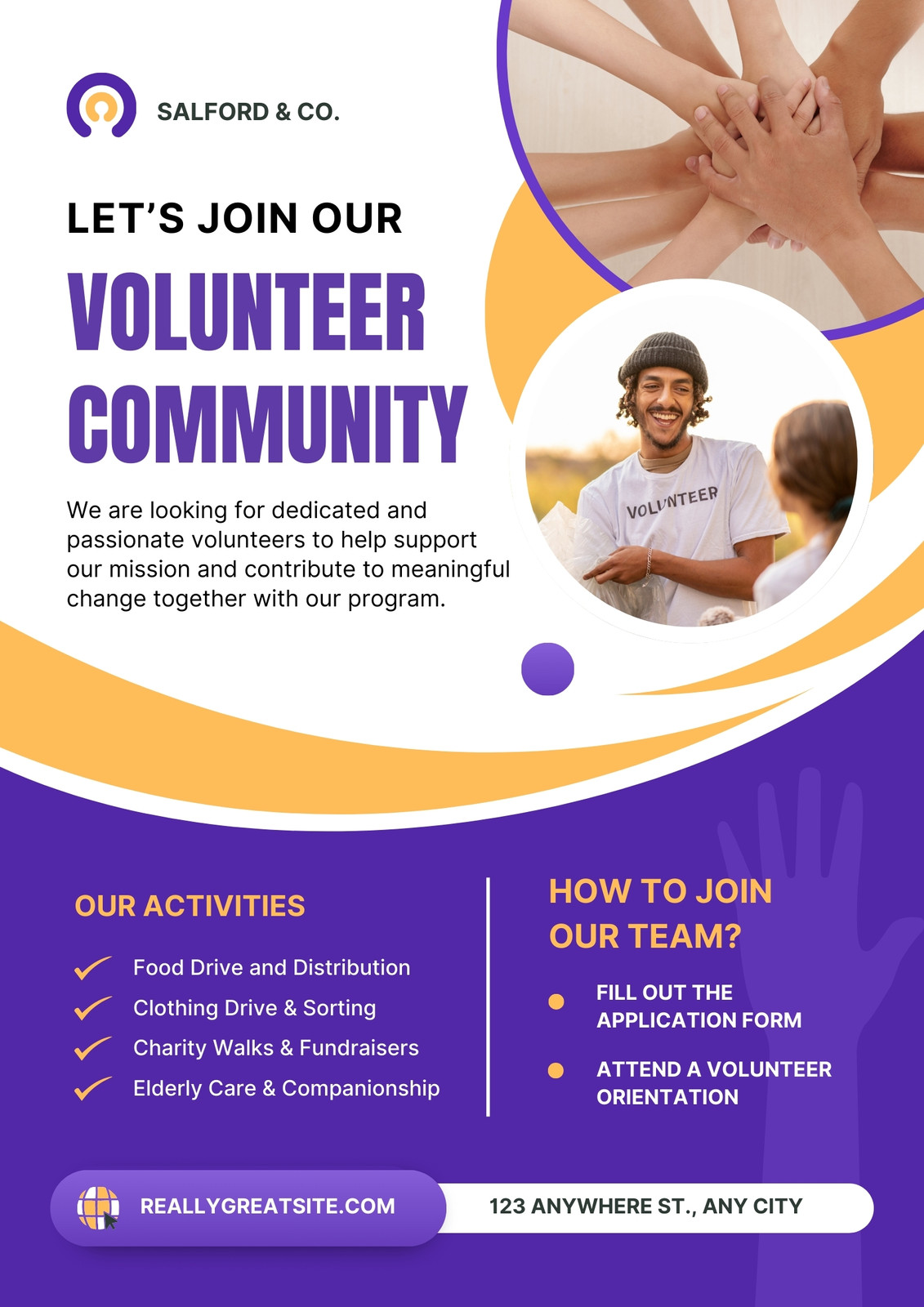 Purple and Yellow Modern Join Our Volunteer Community Flyer
