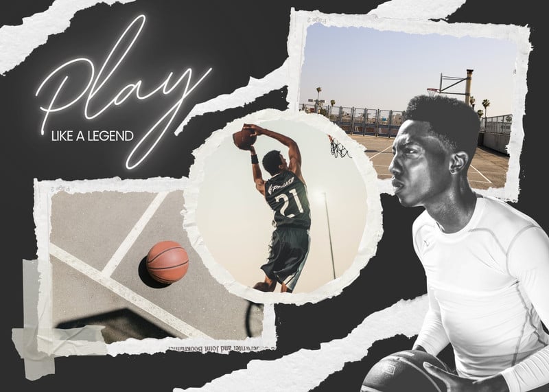 Free Black and White Retro Scrapbook Photo Collage Inspirational Basketball Card Canva template