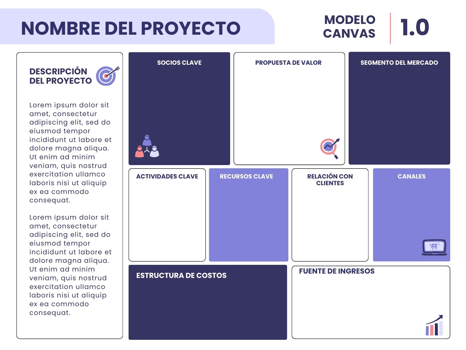 Gráfico modelo canvas plan de negocio corporativo violeta