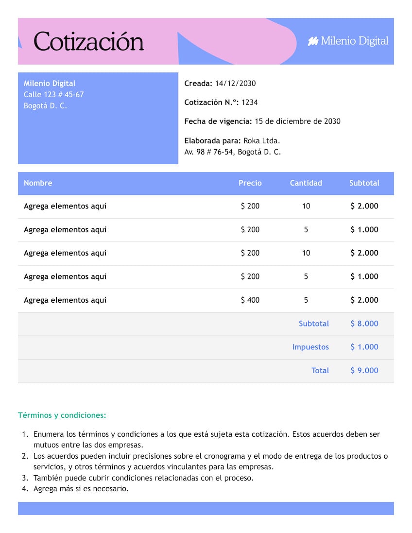 Doc de cotización de ventas de estilo profesional dinámico en azul y rosado