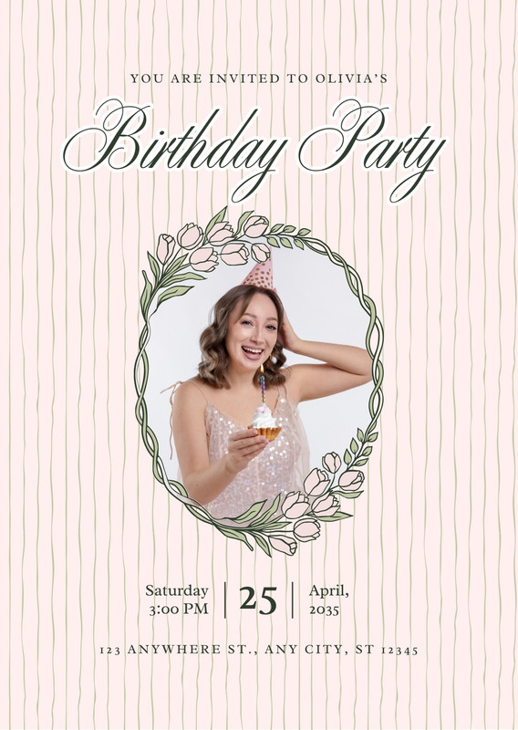 Traditional Illustrated Floral Photo Birthday Party Invitation Canva template, pink and green