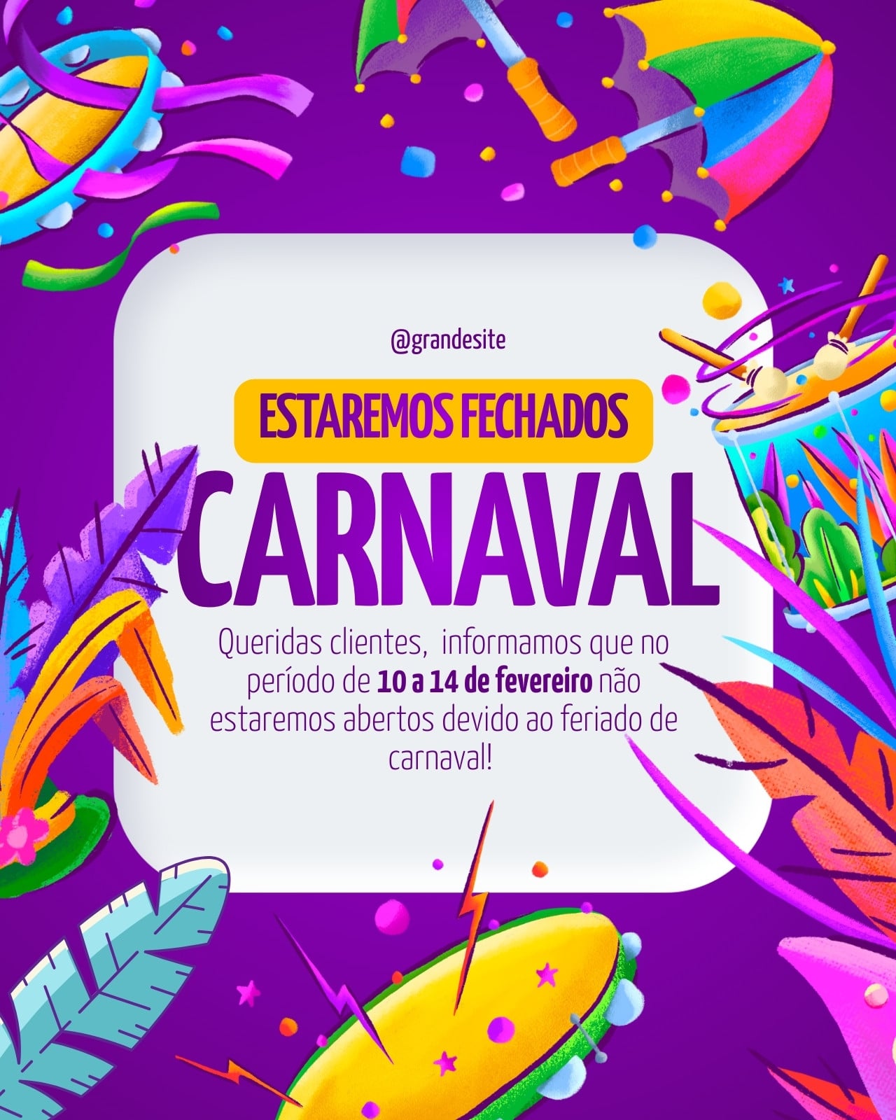 Post do instagram estamos fechados carnaval moderno roxo