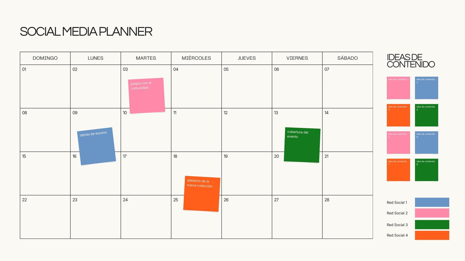 Pizarra Online Social Media Planner Minimalista Colorido Rosa, Beige y Verde 