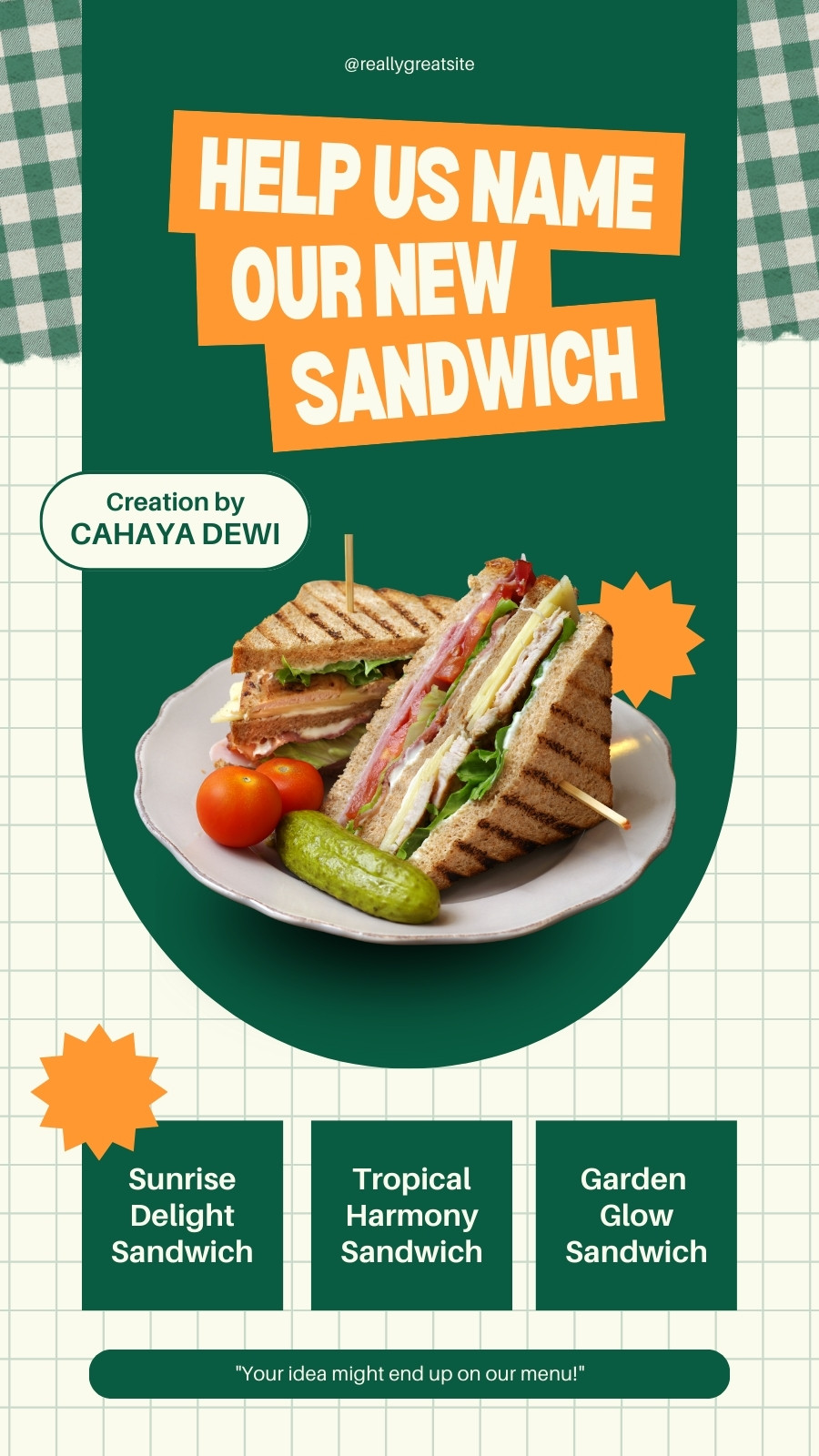 Green And Orange Modern Playful Retro Help Us Name Our New Sandwich You Story