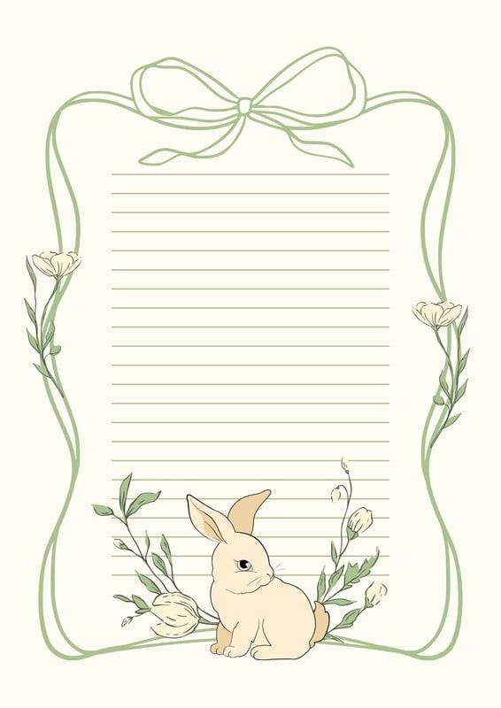 Whimsical Easter Bunny Rabbit Page Notepad Canva template, green and beige