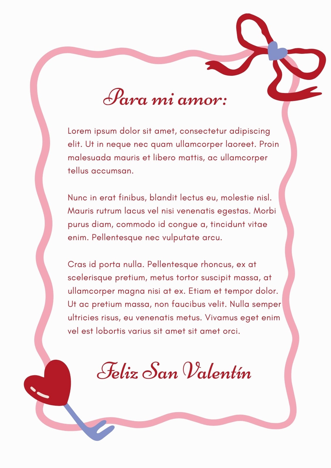 Carta Amor San Valentín Corazón Lazo Minimalista Rojo Rosa