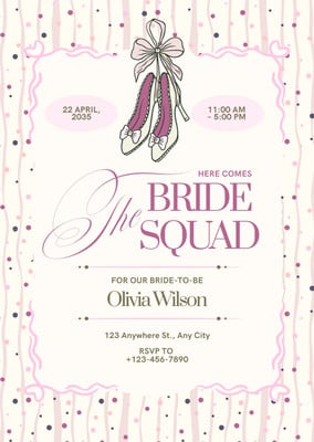 Festive Coquette Illustrated Bridal Shower Bachelorette Party Invitation Canva template, pink and white