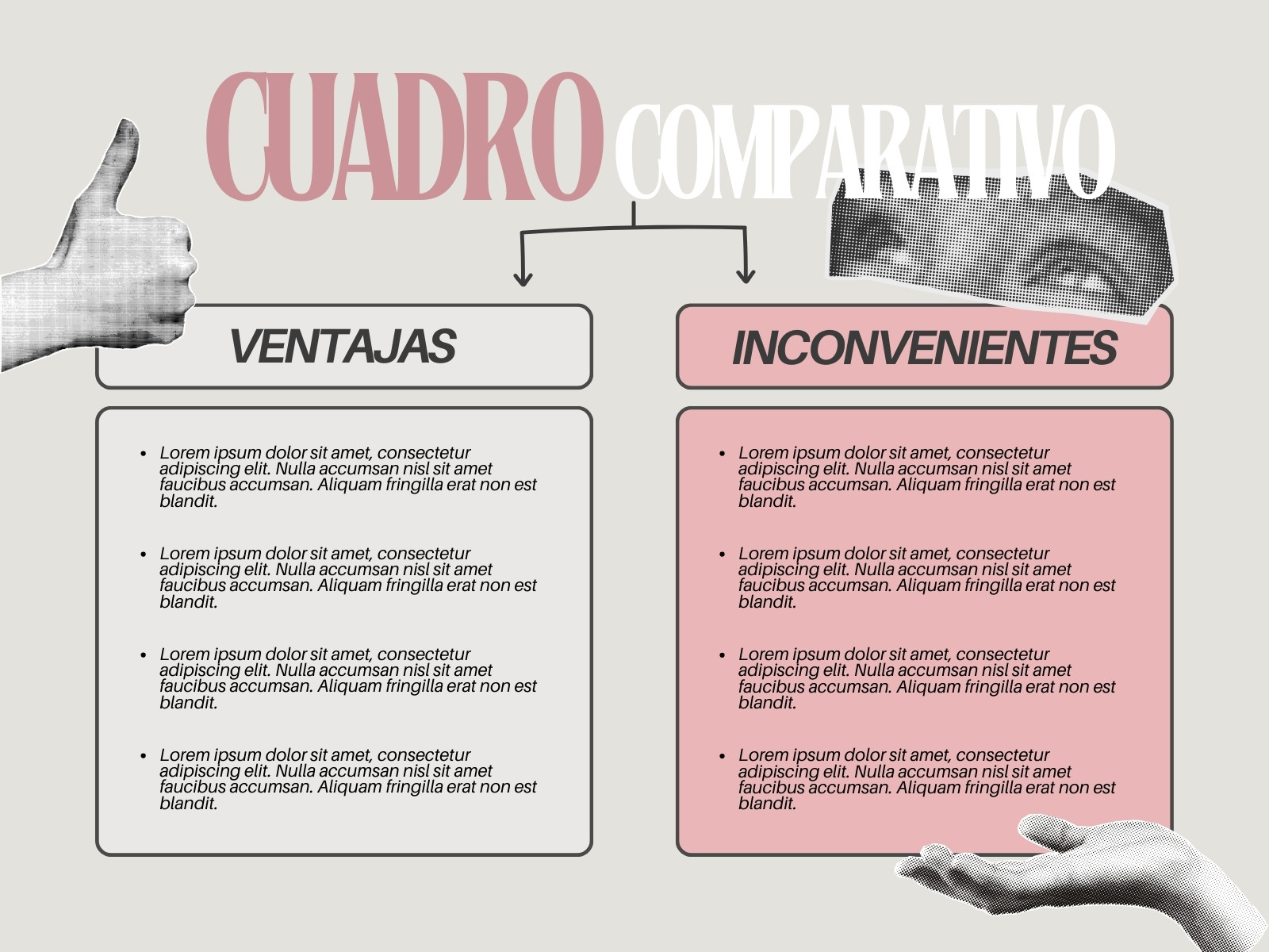 Gráfico Cuadro Comparativo Ventajas Inconvenientes Halftone Punteado Gris Rosa