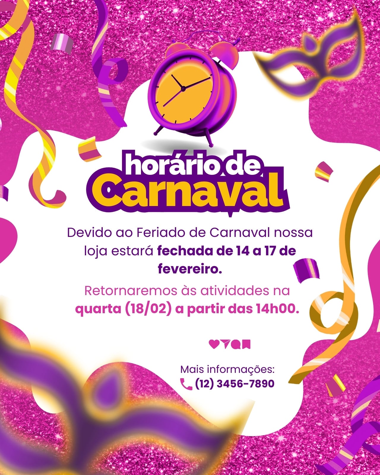 Post para instagram aviso horário de carnaval festivo em roxo e pink