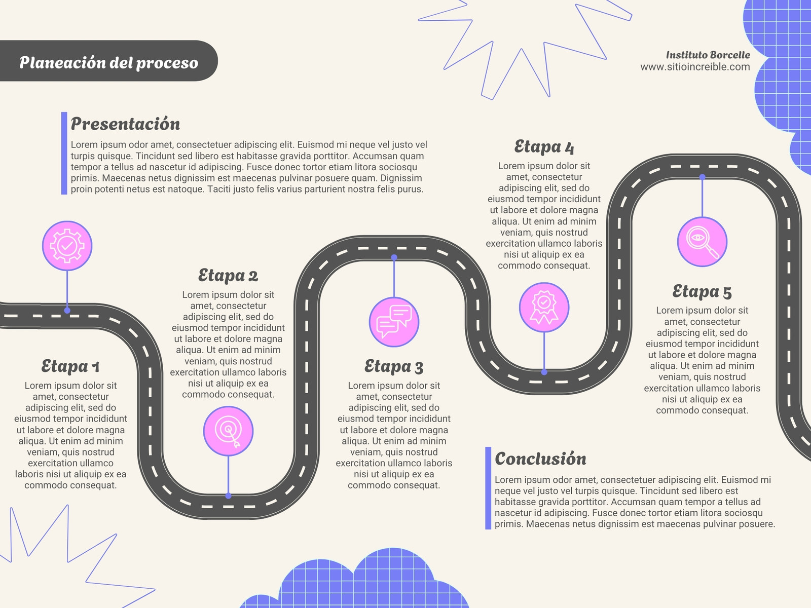 Gráfica Diagrama o esquema con roadmap para línea de tiempo etapas de un proceso o cronología Vector Azul