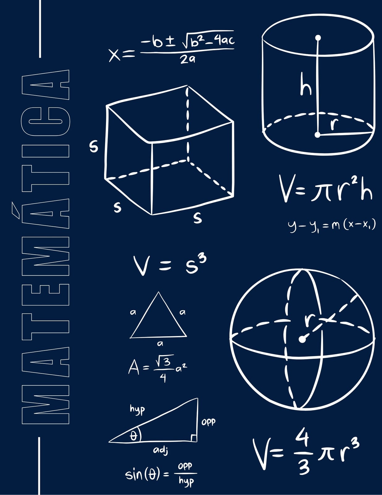 Portada cuaderno materia matemática ilustrada monocromático blanca azul