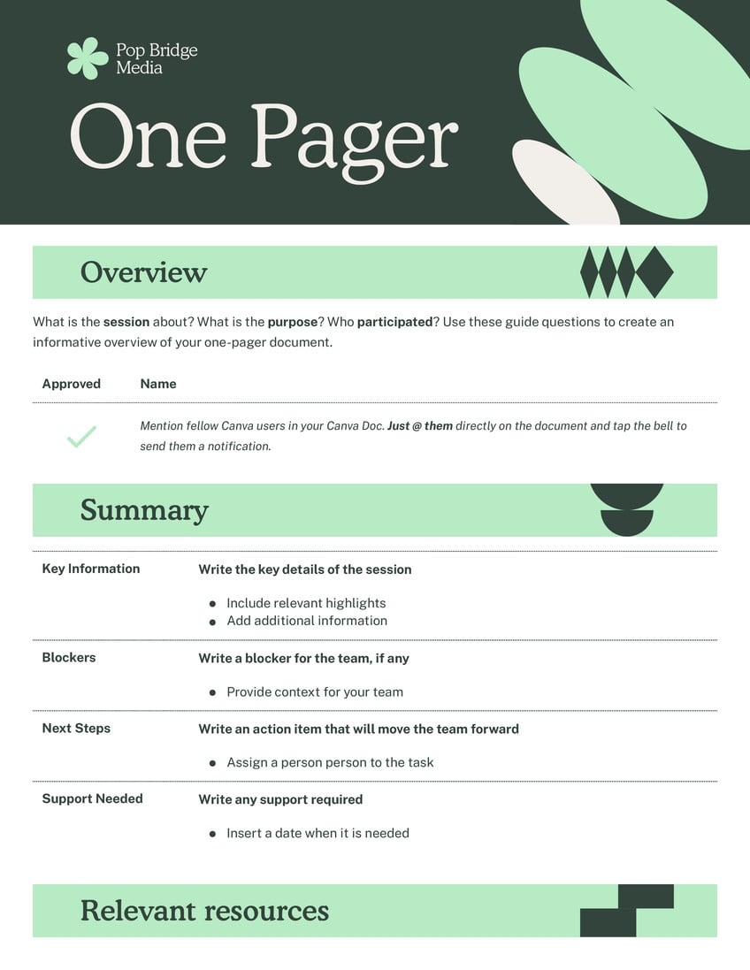 One Pager Doc in Dark Green Bright Green Friendly Corporate Style