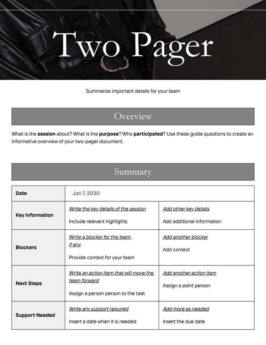 Two Pager Doc in Black Grey White Sleek Minimalist Style