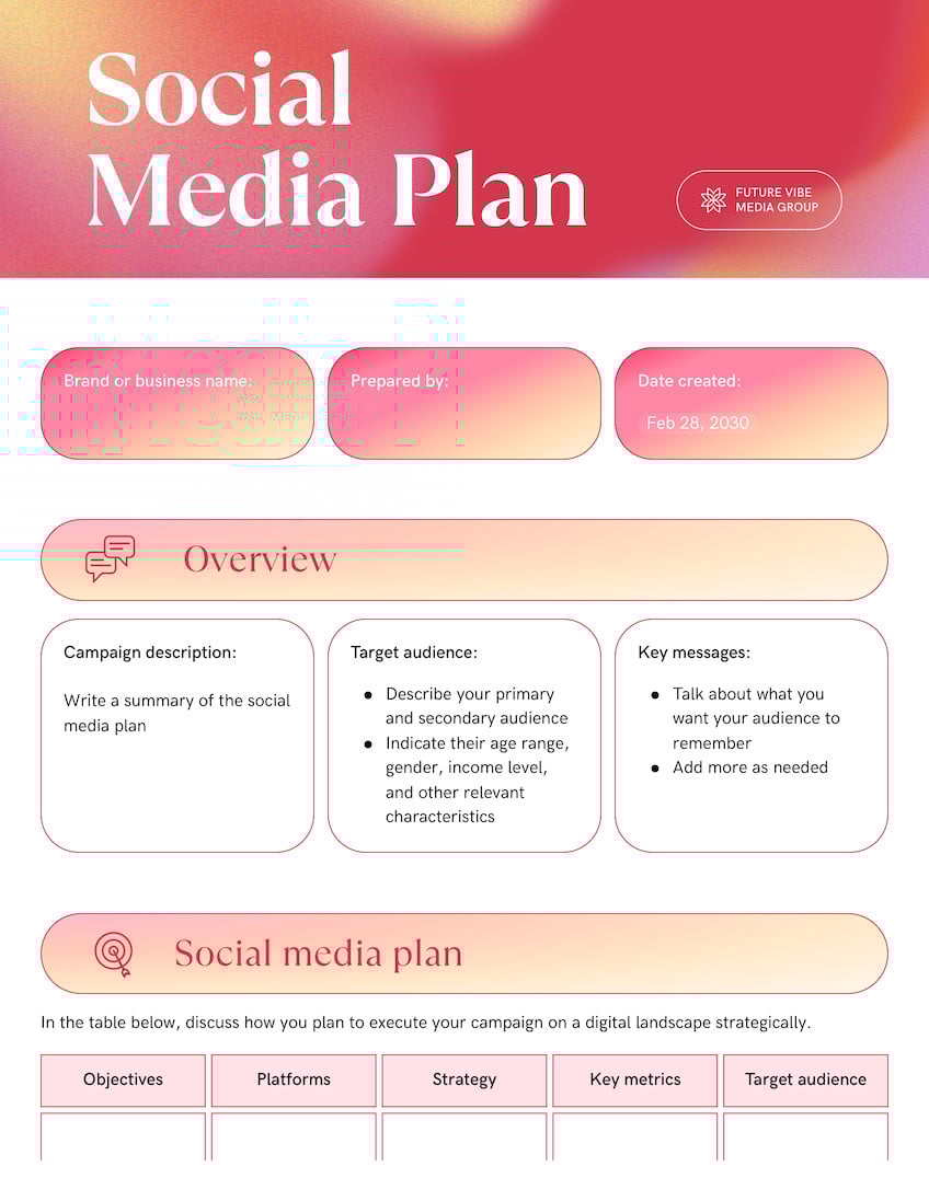 Social Media Plan Doc in Red Pink Light Yellow Professional Gradients Style