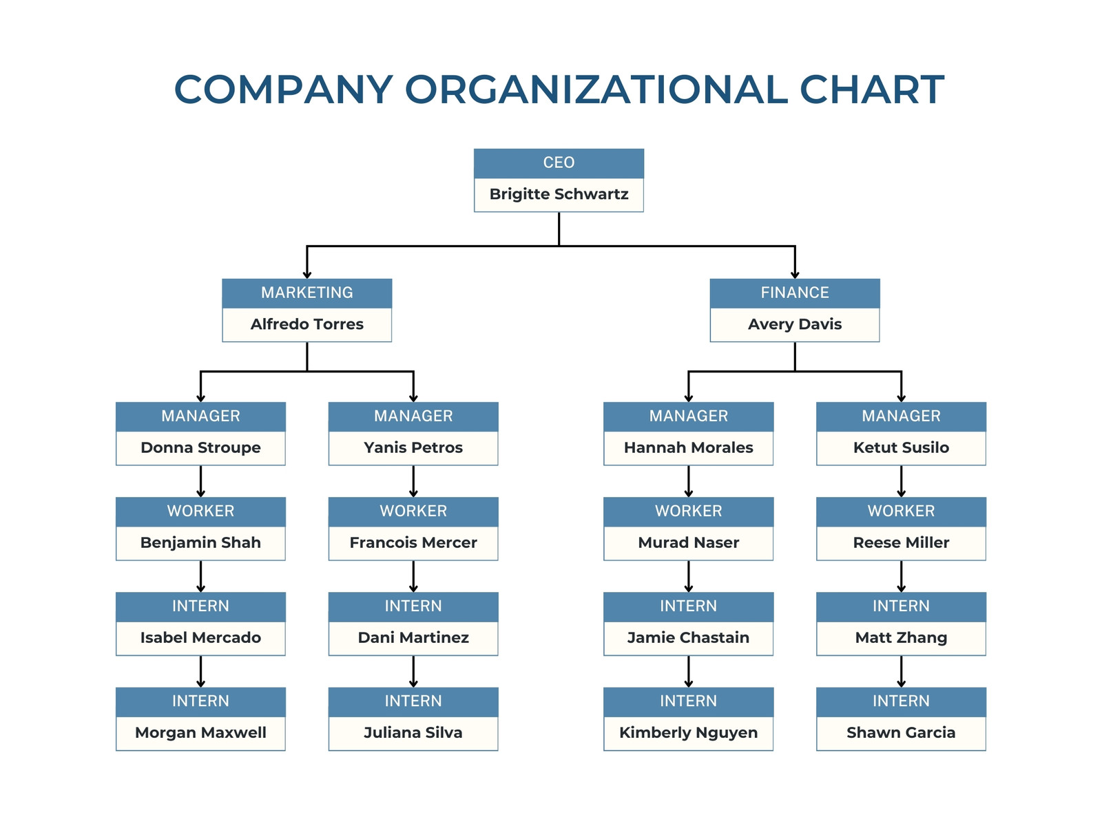 Blue and White Minimalist Company Organizational Chart Graph