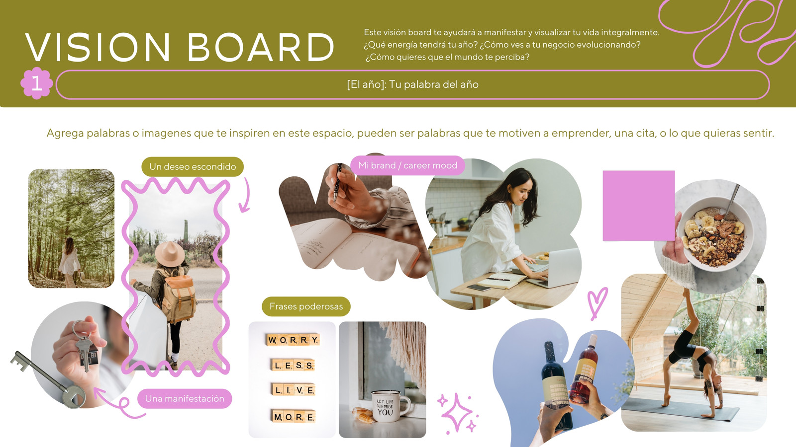 Pizarrón virtual para emprendedora moderno en verde oliva con rosa pastel