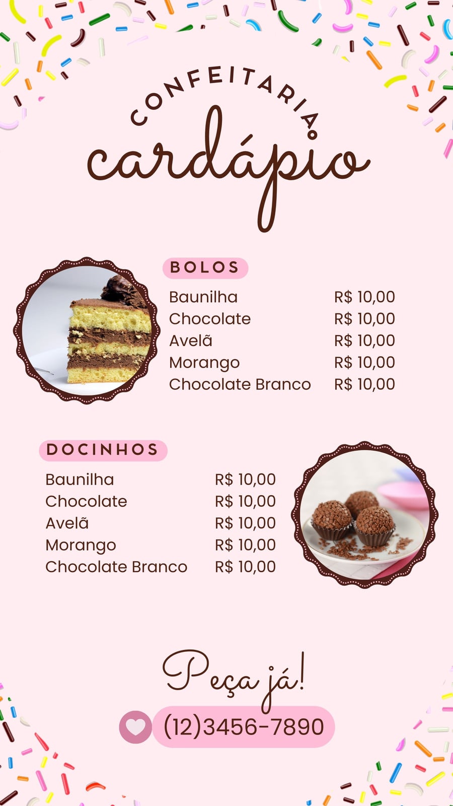 Cardápio confeitaria menu doces branco e rosa story