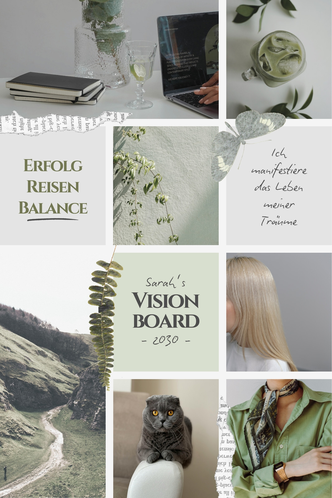 Weiß Grün Stilvoll Ästhetisch Collage Vision Board Spruch Fotocollage
