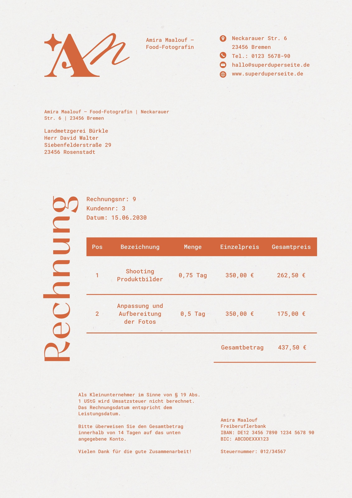 Rechnung für Kleinunternehmer in minimalistischem Stil in Orange Weiss Rechnung für Kleinunternehmer in minimalistischem Stil in Orange Weiss
