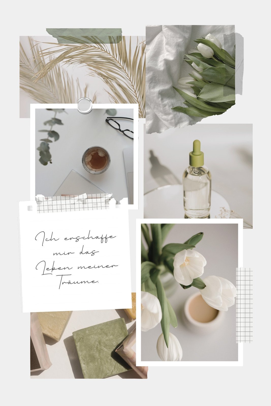 Weiß Grün Creme Ästhetisch Collage Neutral Blumen Spruch Frühling Fotocollage
