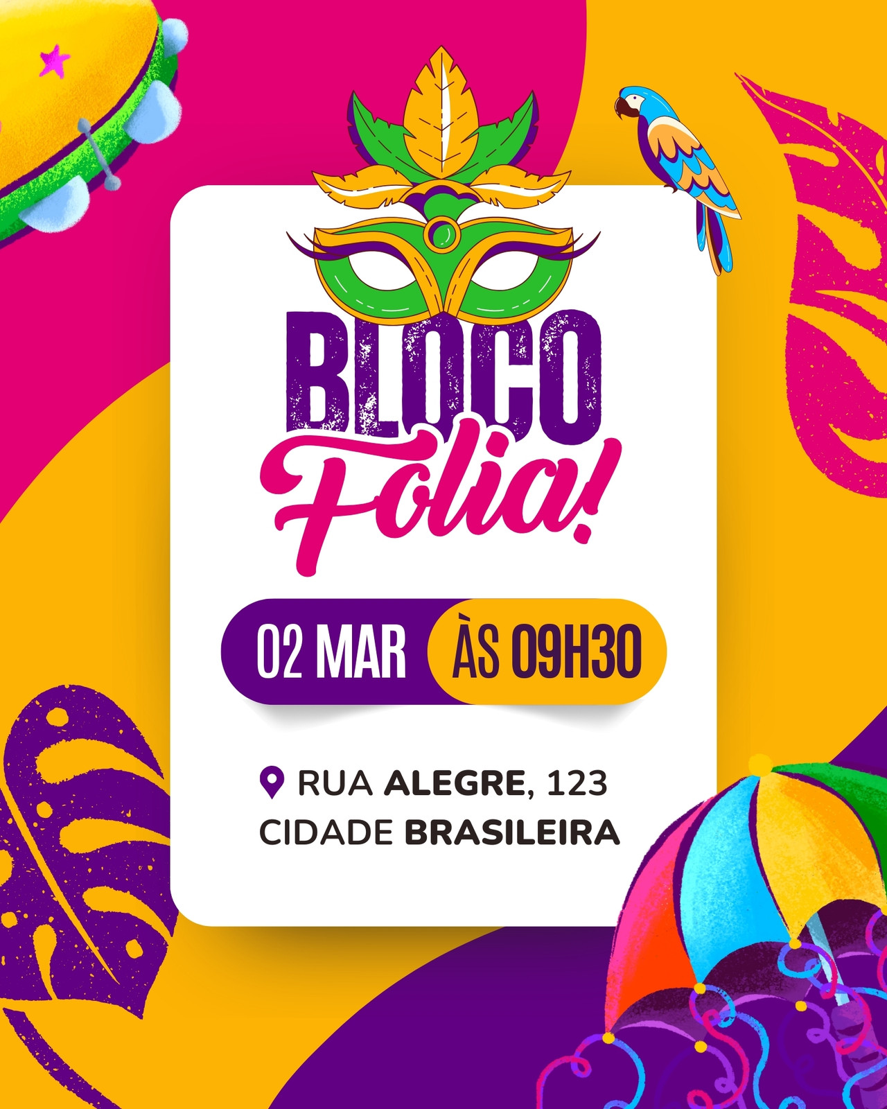 Post Instagram convite bloquinho de carnaval folia colorido