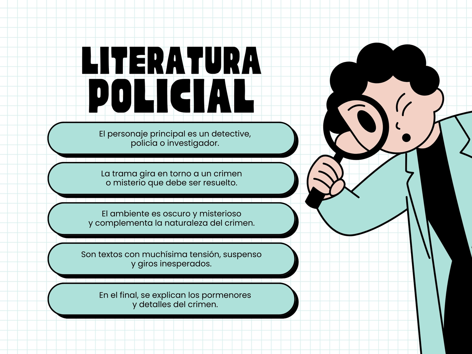 Gráfica de literatura policial ilustrativo blanco y celeste